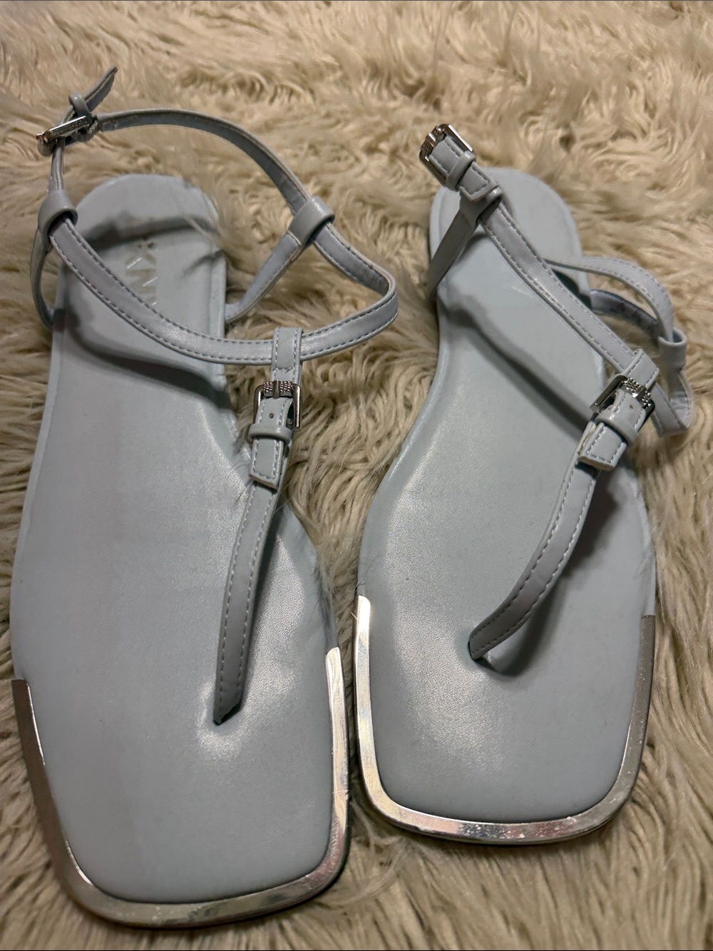 DKNY Pale Blue T-Strap Square-Toe Sandals with Silver Trim